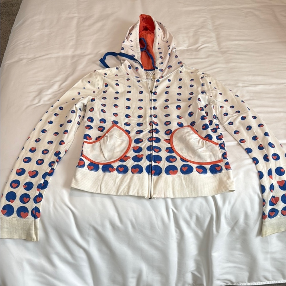White Hoodie with Blue and Orange Polka Dot Hearts